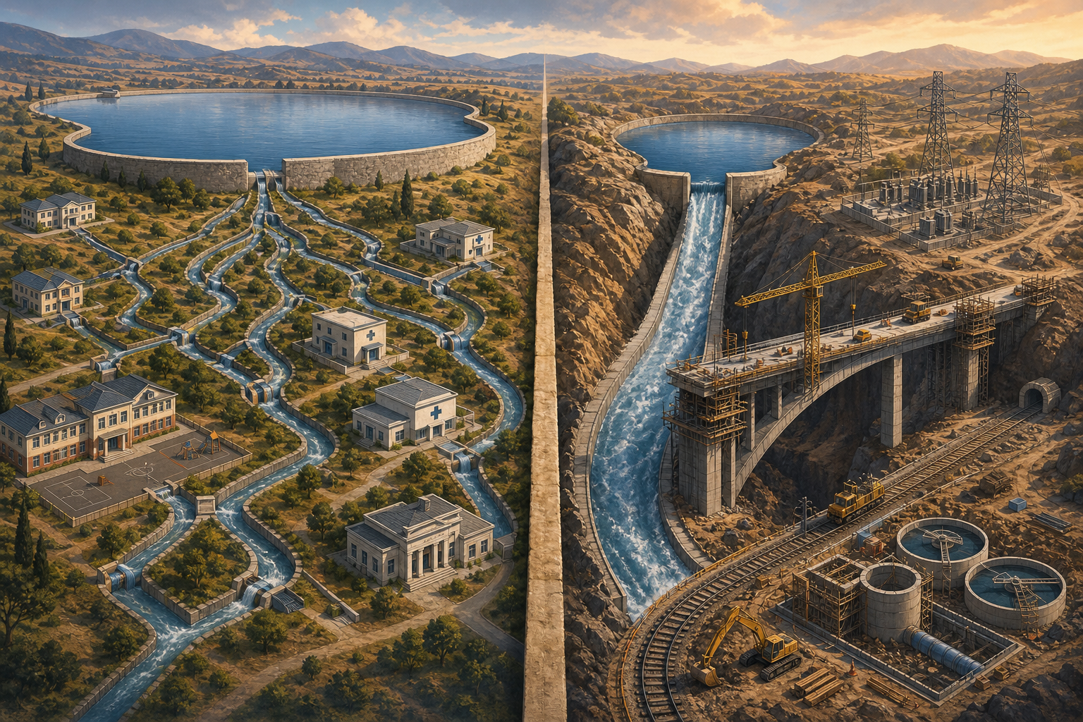 A large reservoir supplies many public-service buildings while a smaller reservoir sends a concentrated flow toward major infrastructure projects.