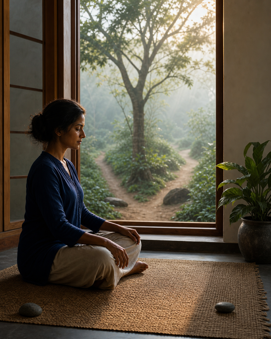 An adult meditates beside an open window overlooking a garden path that divides around a tree.