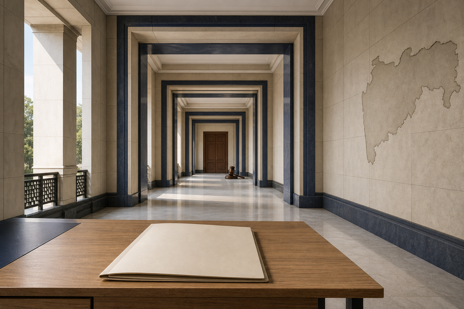 An unmarked draft folder sits in a legislative corridor with several thresholds separating it from a closed courtroom door and an unused gavel.