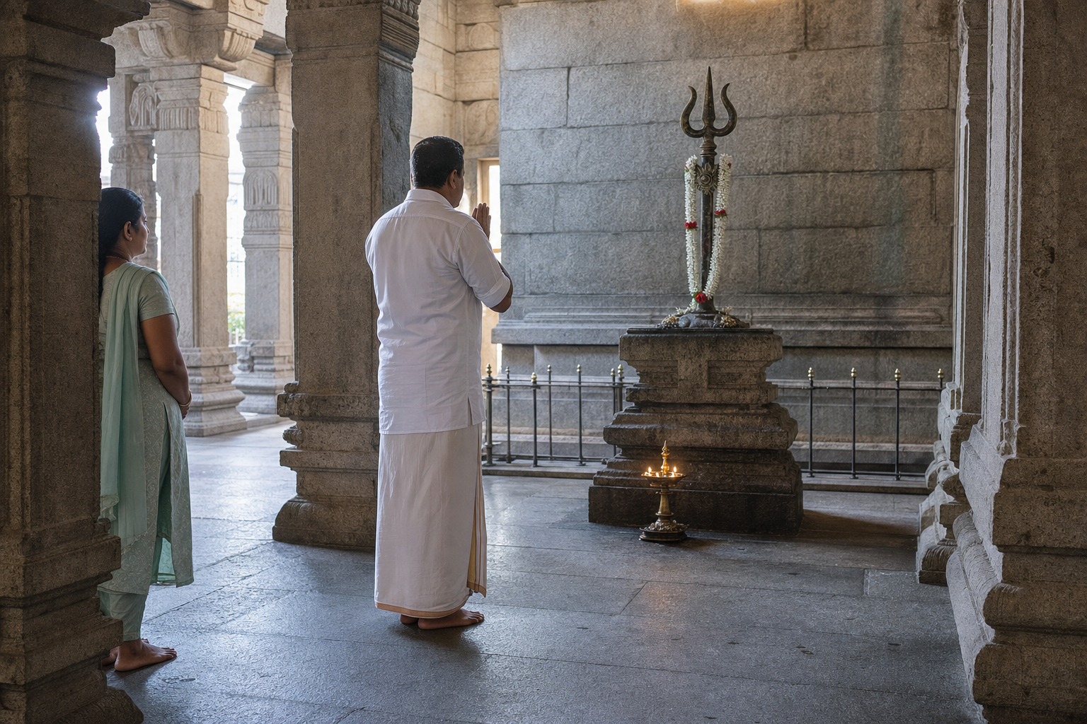 A devotee stands with joined palms at a respectful distance from a garlanded trishula shrine inside a stone temple.