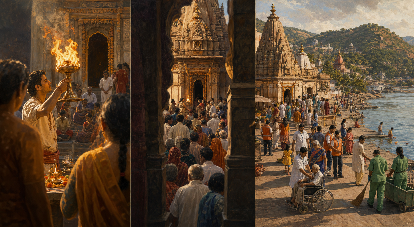 Three views of the same Hindu pilgrimage show a ritual close-up, a compressed crowd scene, and a wider view including families and volunteers.