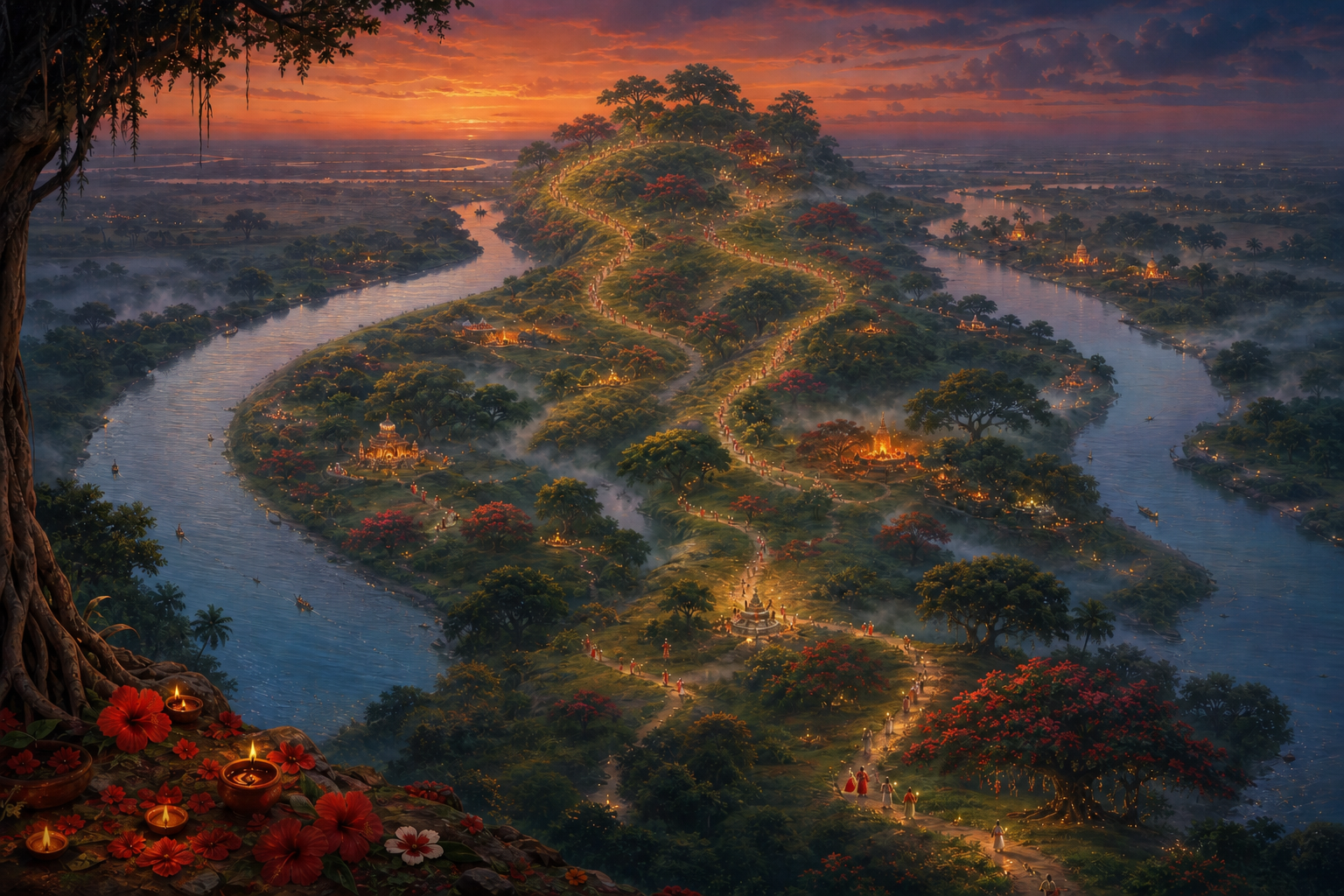 Pilgrims cross a river landscape shaped as a subtle silhouette of the Divine Mother, with sacred lights glowing across the land.