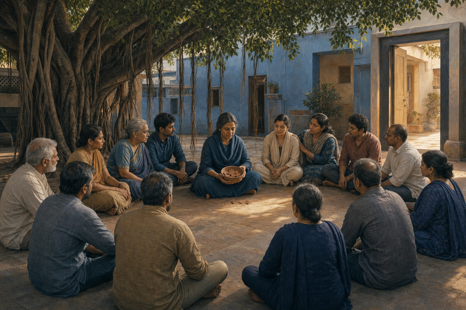 Community members sit in a restorative circle beneath a banyan tree as a facilitator fits pieces of a broken clay bowl together.