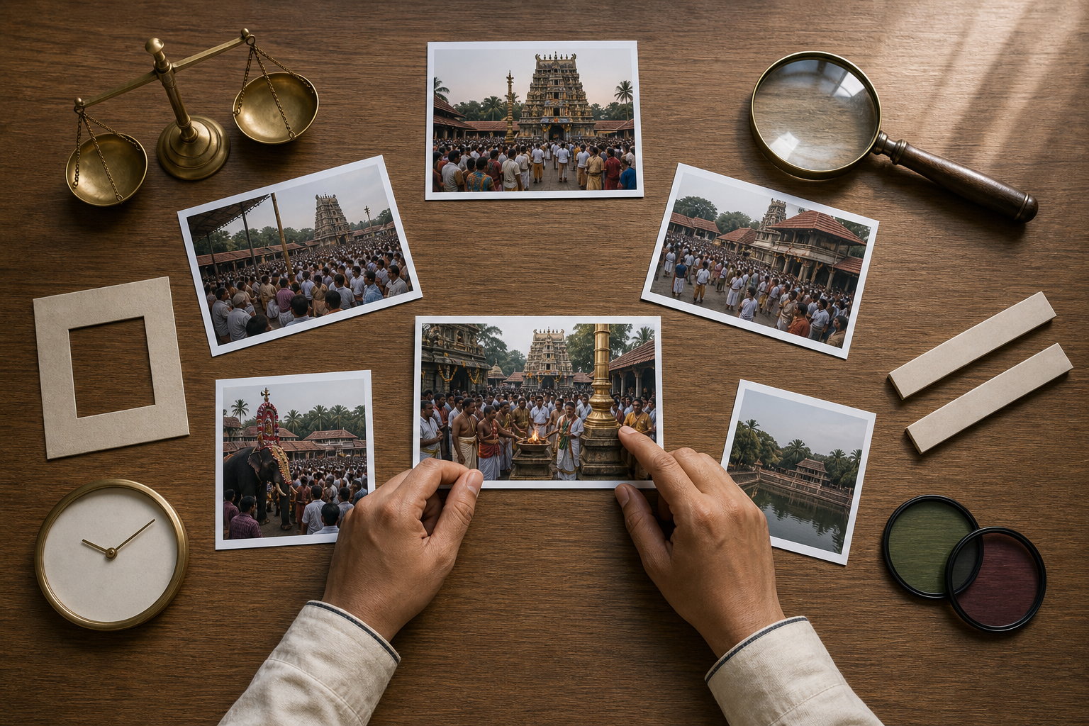 Six verification objects surround a photograph of a Hindu temple gathering while a reader compares it with wider views of the scene.