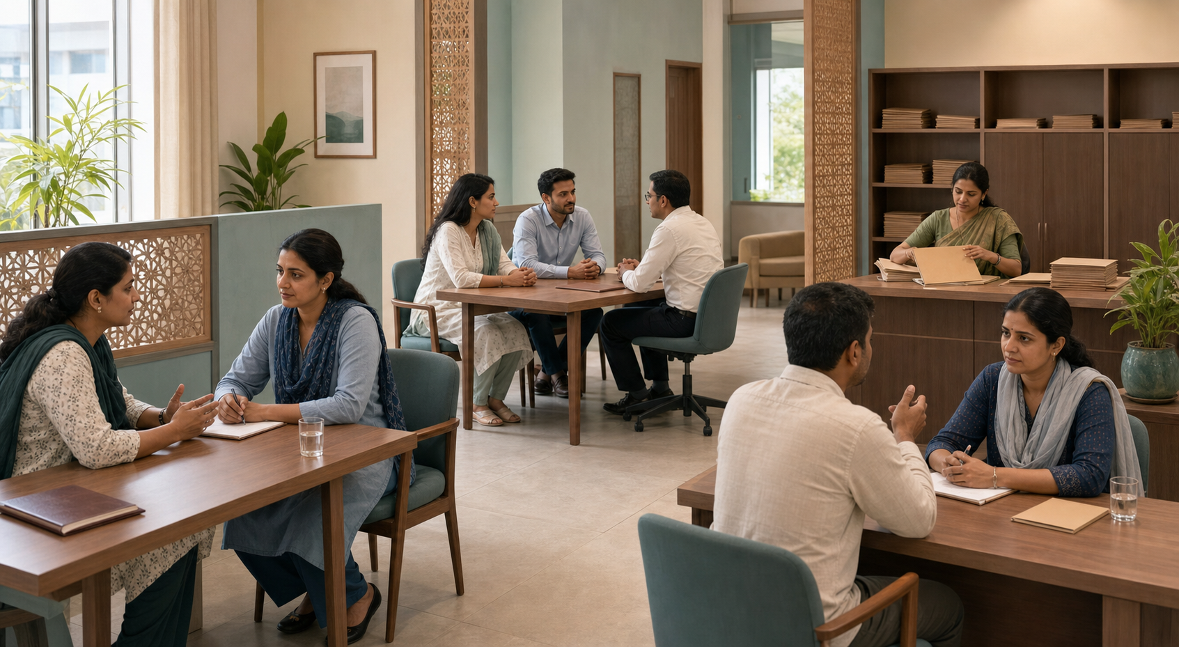 Four groups of adults consult counselors and legal professionals in separate areas of a bright legal-aid center.
