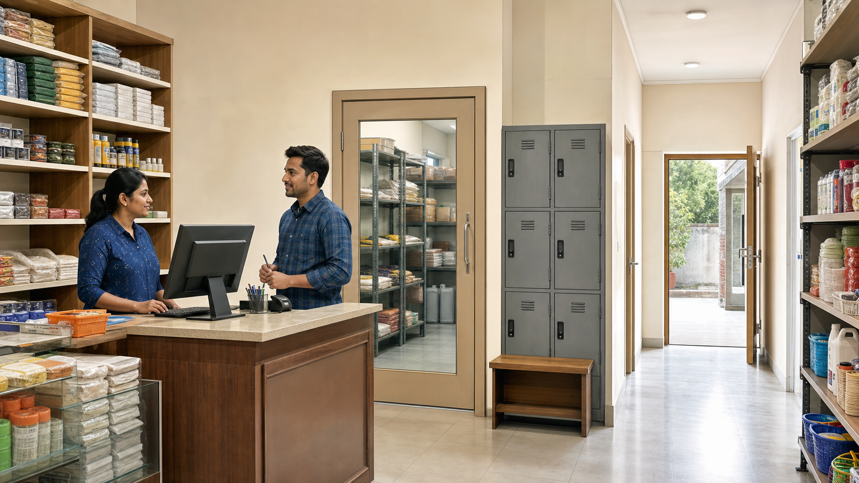 Small Indian shop with two employees, clear sightlines, secure storage, controlled back-room access, and a well-lit rear passage.