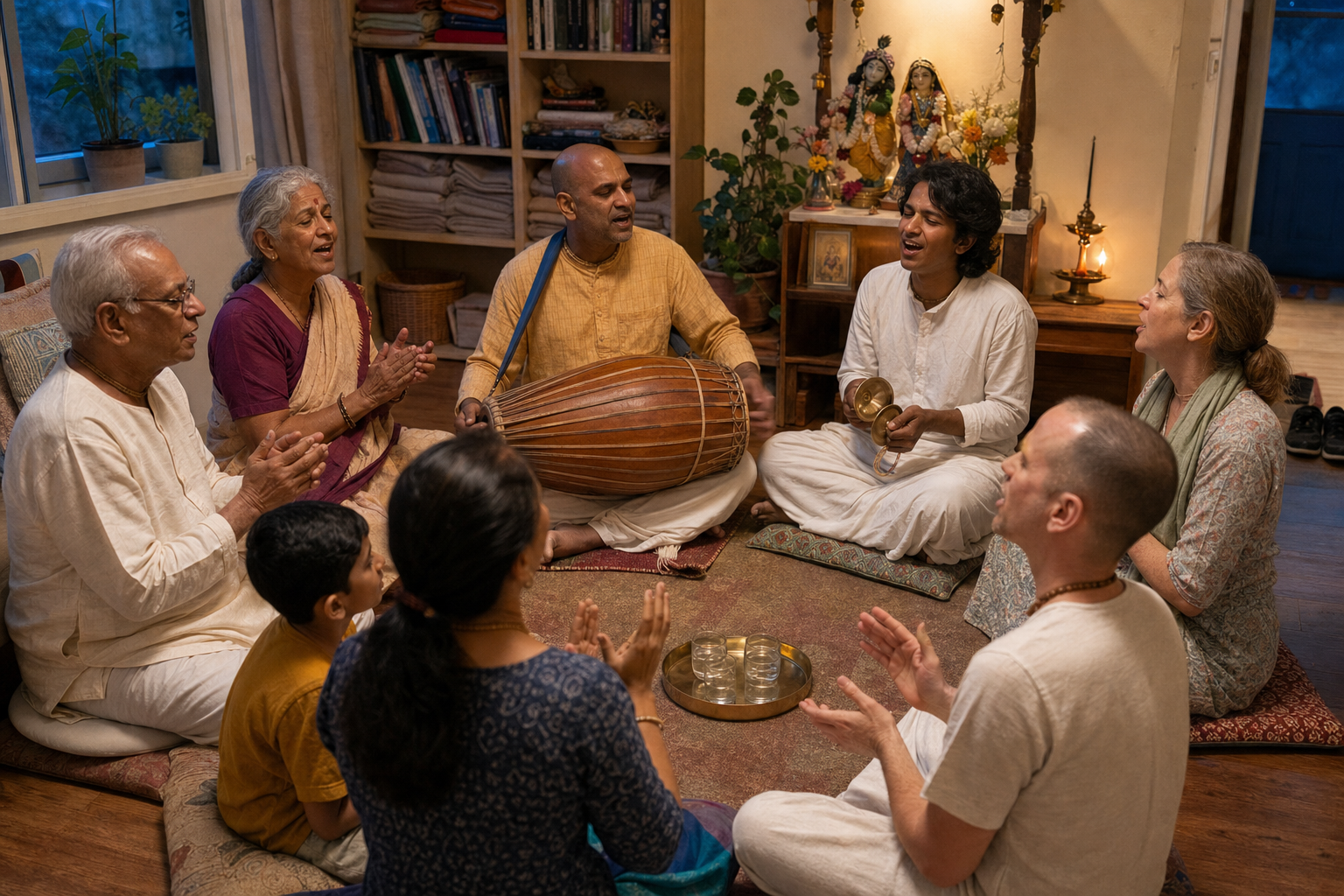 Adults, an older couple, and a child chant in a circle with mridanga and hand cymbals in a warmly lit living room beside a small Krishna shrine.