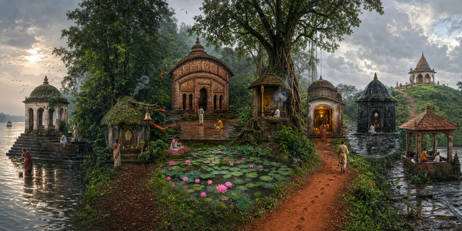 Ten varied shrine settings appear across one continuous Bengal landscape, including river, forest, village, courtyard, and pond sanctuaries.