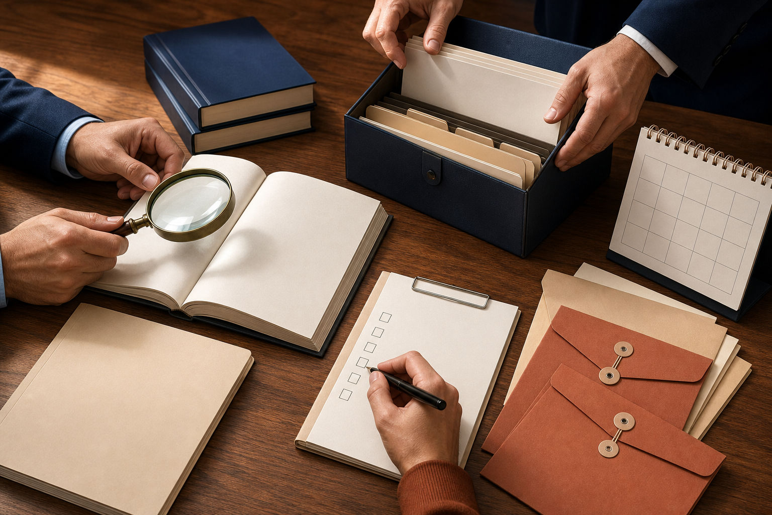 Hands compare an unmarked statute booklet and draft folder while using a magnifying glass and organizing records beside a blank checklist.