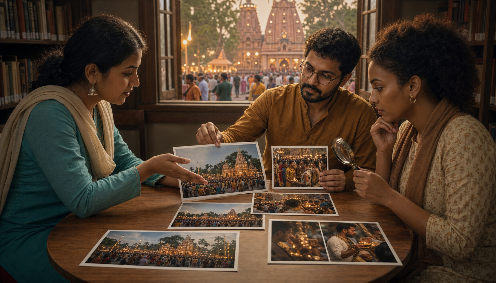 Three readers compare wide and cropped photographs of a Hindu festival while the actual gathering is visible through a library window.