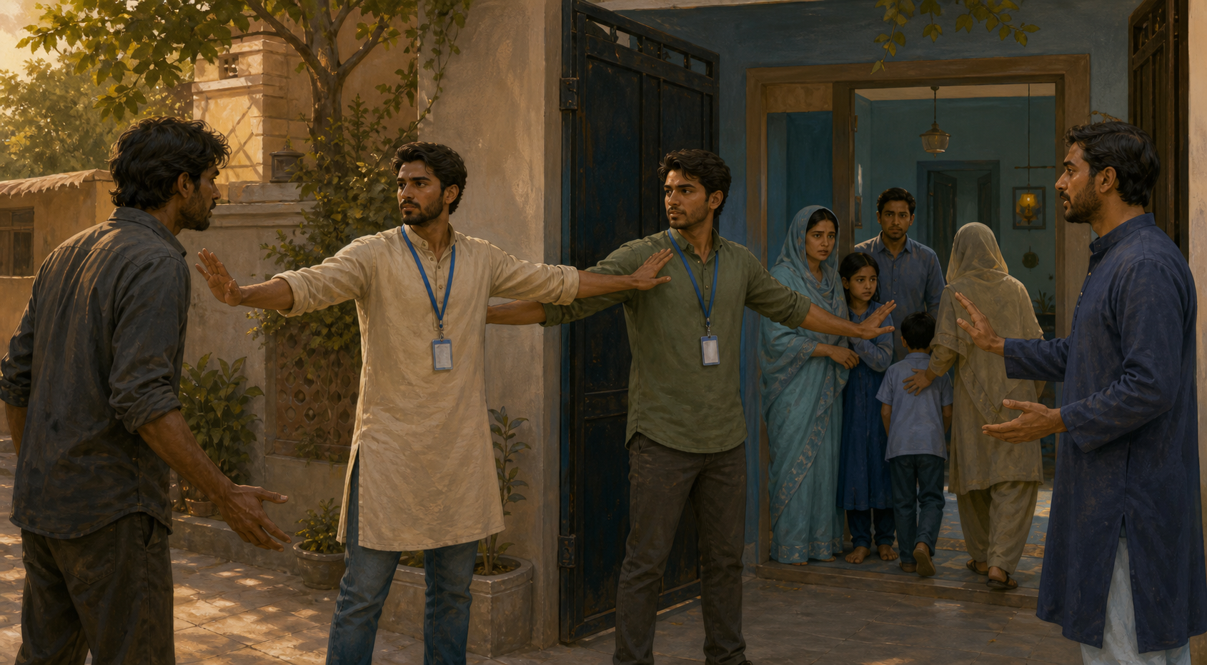 Two community volunteers form a calm protective boundary while a mediator approaches and a family moves into a safe room.