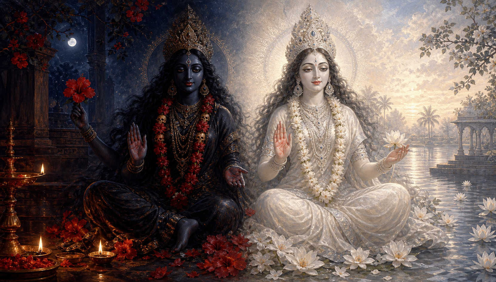 Dark and radiant forms of Kali face outward from a shared temple space as indigo night blends into pearly dawn light.