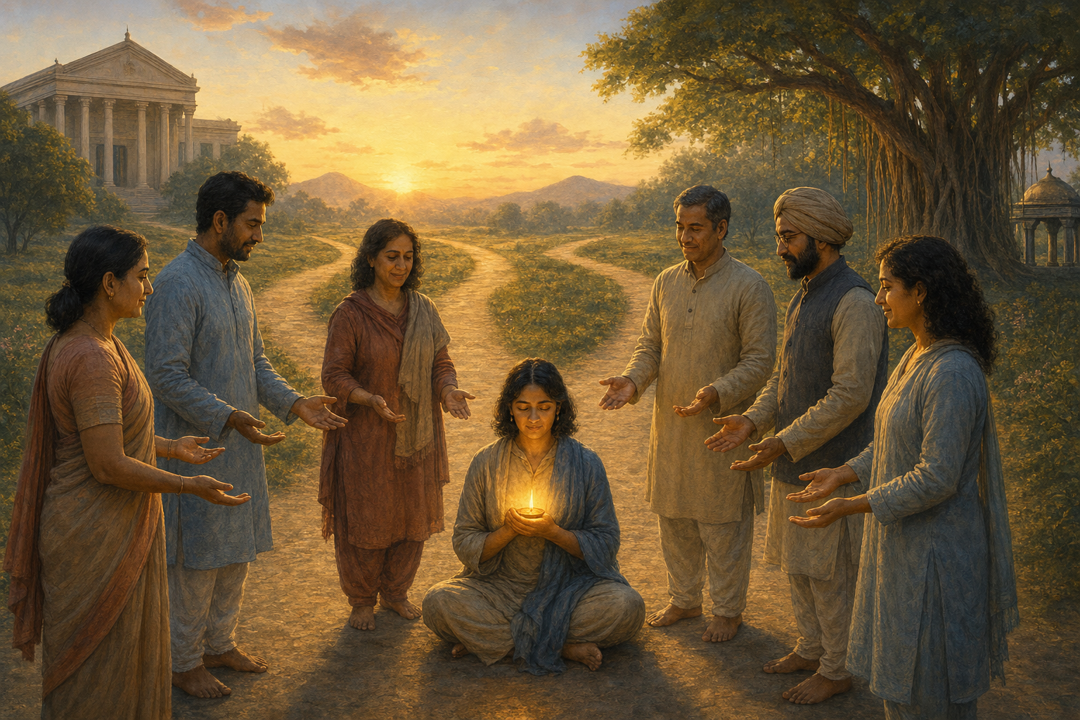 A seated adult holds a glowing lamp while a diverse circle of people gives the individual space beside several diverging paths.