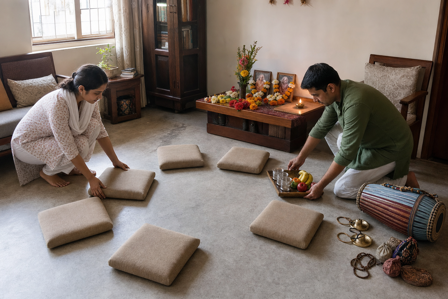 Two householders arrange six floor cushions, instruments, water, and fruit for a small devotional gathering in their living room.