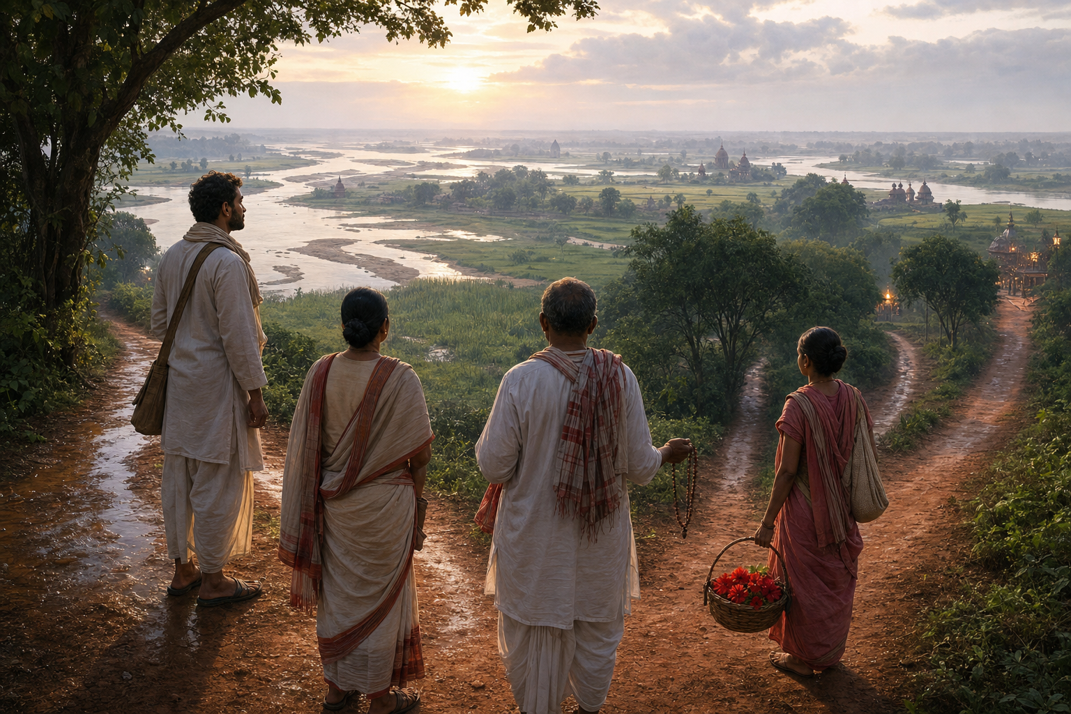 Pilgrims pause at branching paths above Bengal's rivers and fields, with several distant shrines visible through the morning mist.