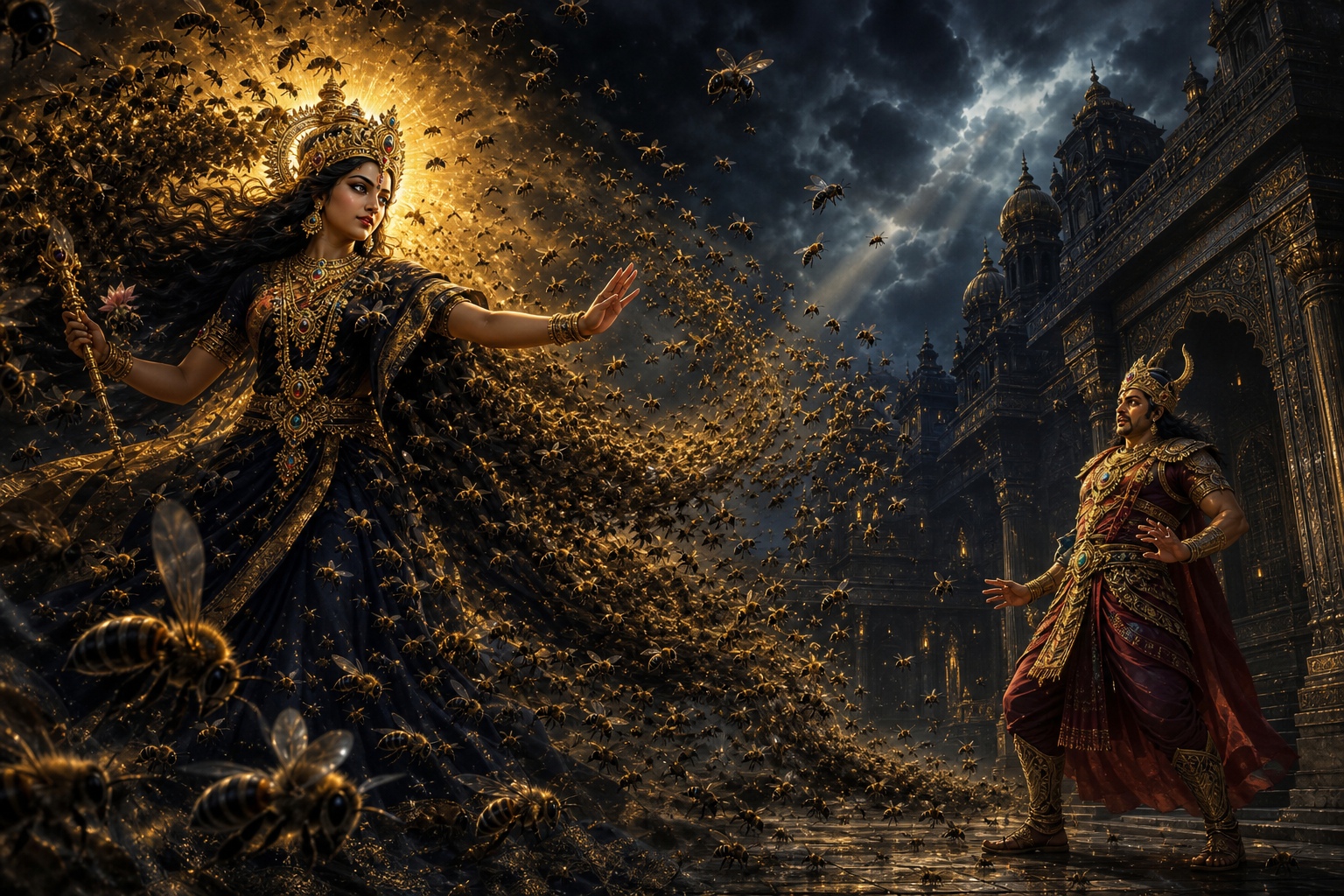 Bhramari Devi stands within golden light as a vast swarm of black bees surrounds the armored demon Arunasura in a dark palace courtyard.