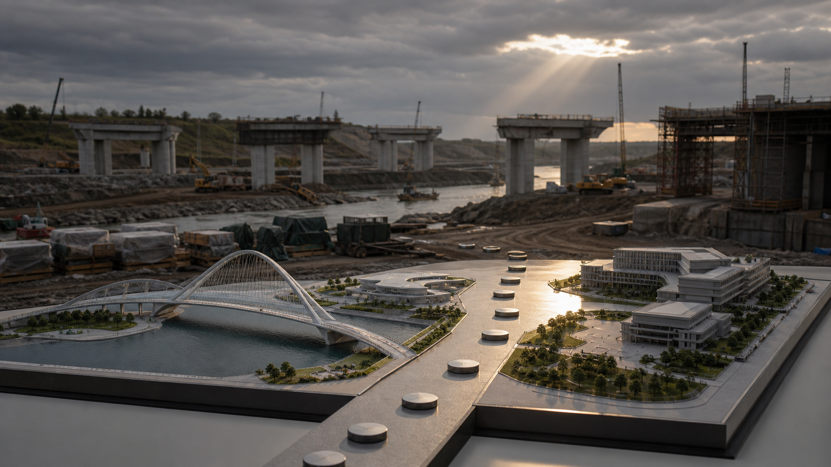 A complete tabletop model of a bridge and civic complex stands before a real construction site that remains partly unfinished.