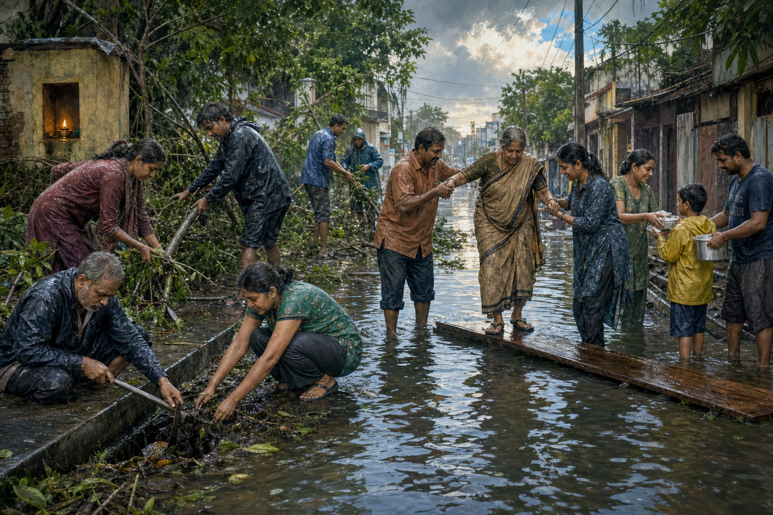 Neighbours clear a flooded lane, share supplies, and help an older person reach dry ground as the sky begins to brighten.