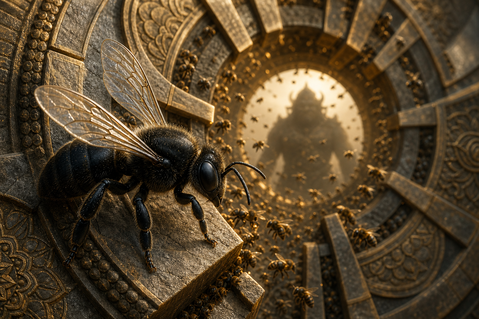 A six-legged black bee flies in front of a swarm passing through gaps in a rigid circular enclosure around a distant demon figure.