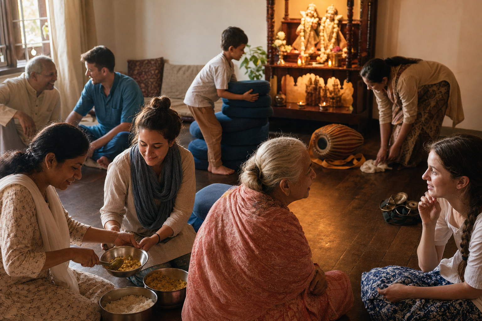Members of a home chanting circle serve prasada, talk together, clean the room, and stack cushions after the gathering.