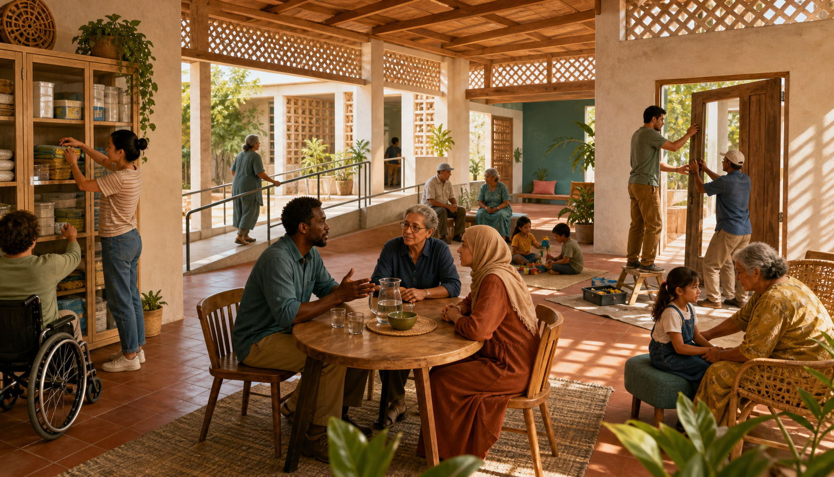 Residents mediate a dispute, organize shared supplies, and repair a community hall while neighbours of different ages use the space.
