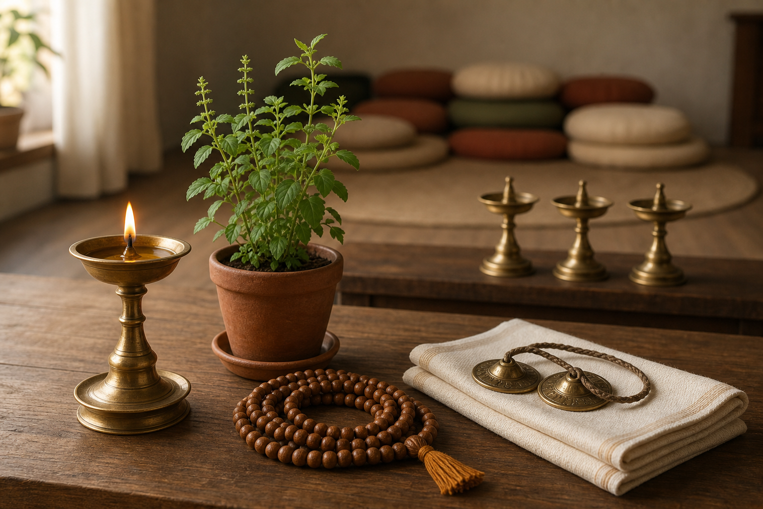 A steadily burning brass lamp stands beside a tulasi plant, prayer beads, hand cymbals, and three unlit lamps in a quiet home setting.