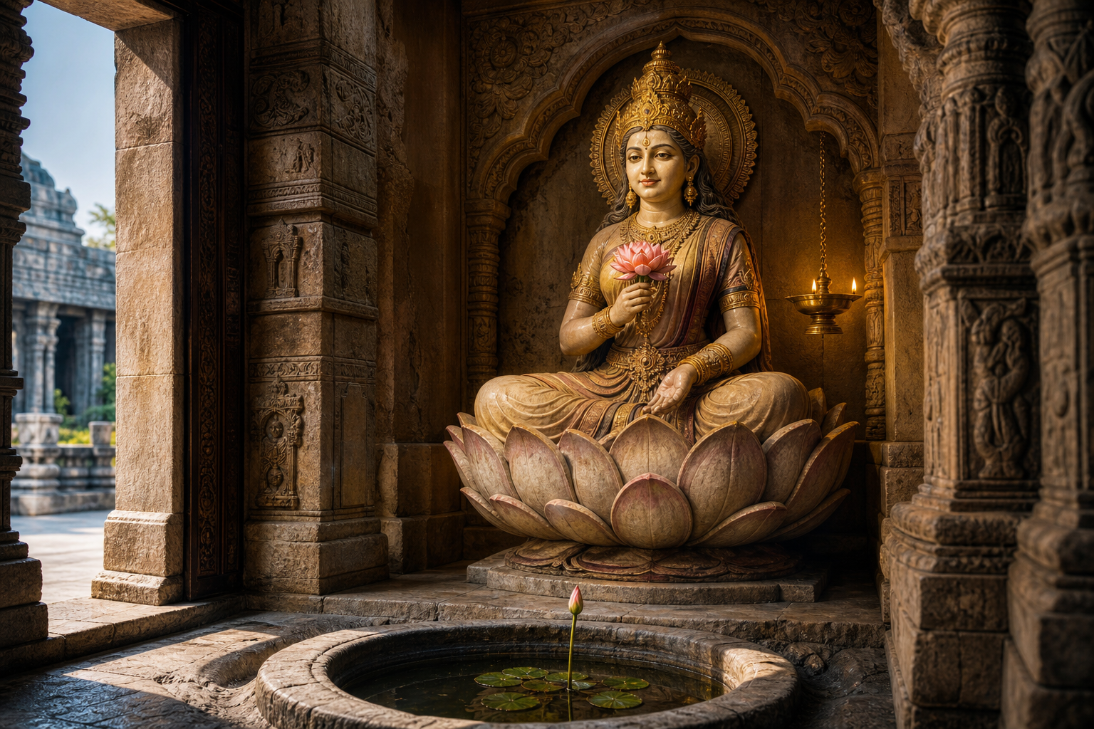 Seated deity on a lotus throne holding a lotus, with another lotus stem rising from water below the shrine.