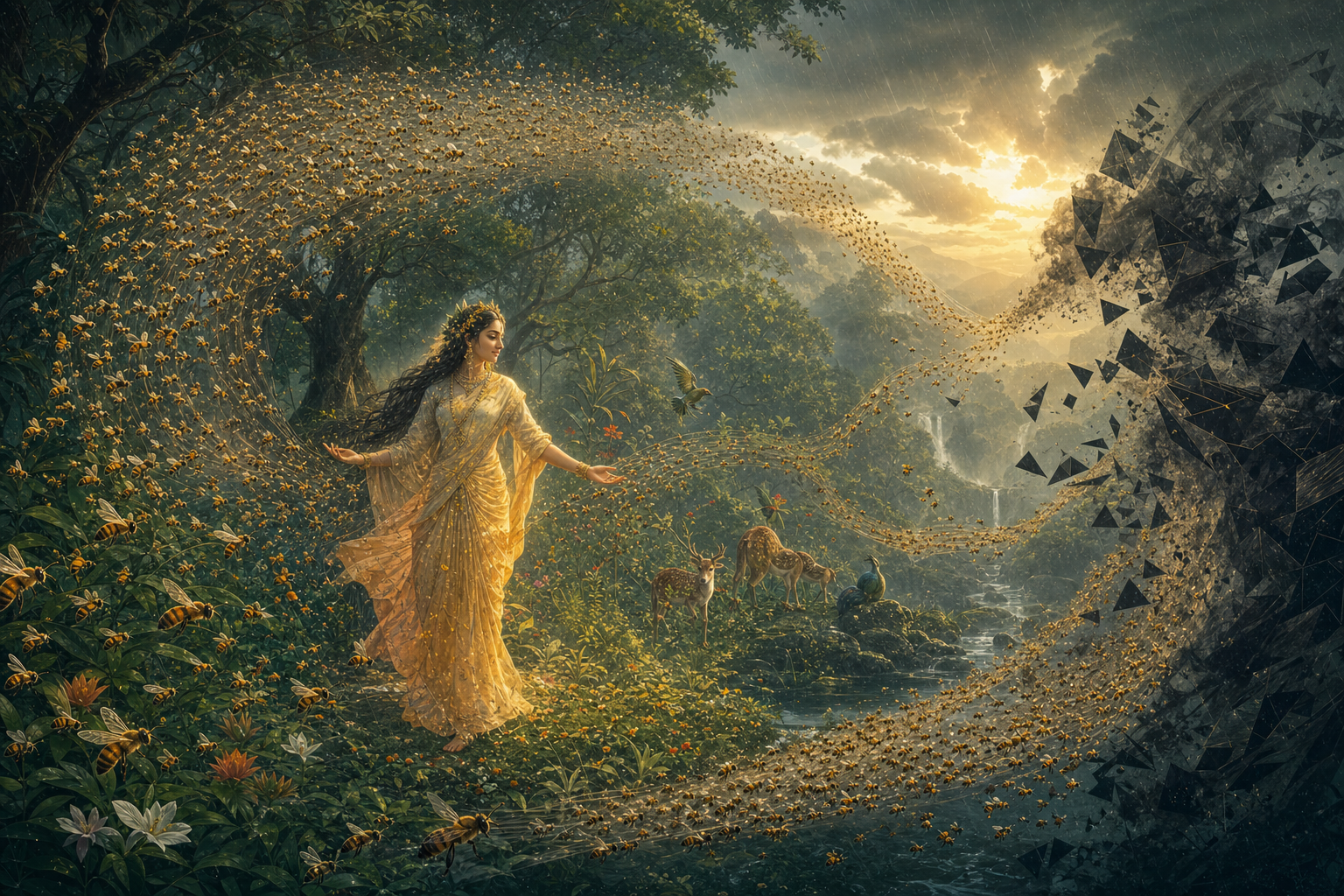 Thousands of bees form a protective arc around a luminous feminine figure and a green forest clearing while dark geometric smoke breaks apart.