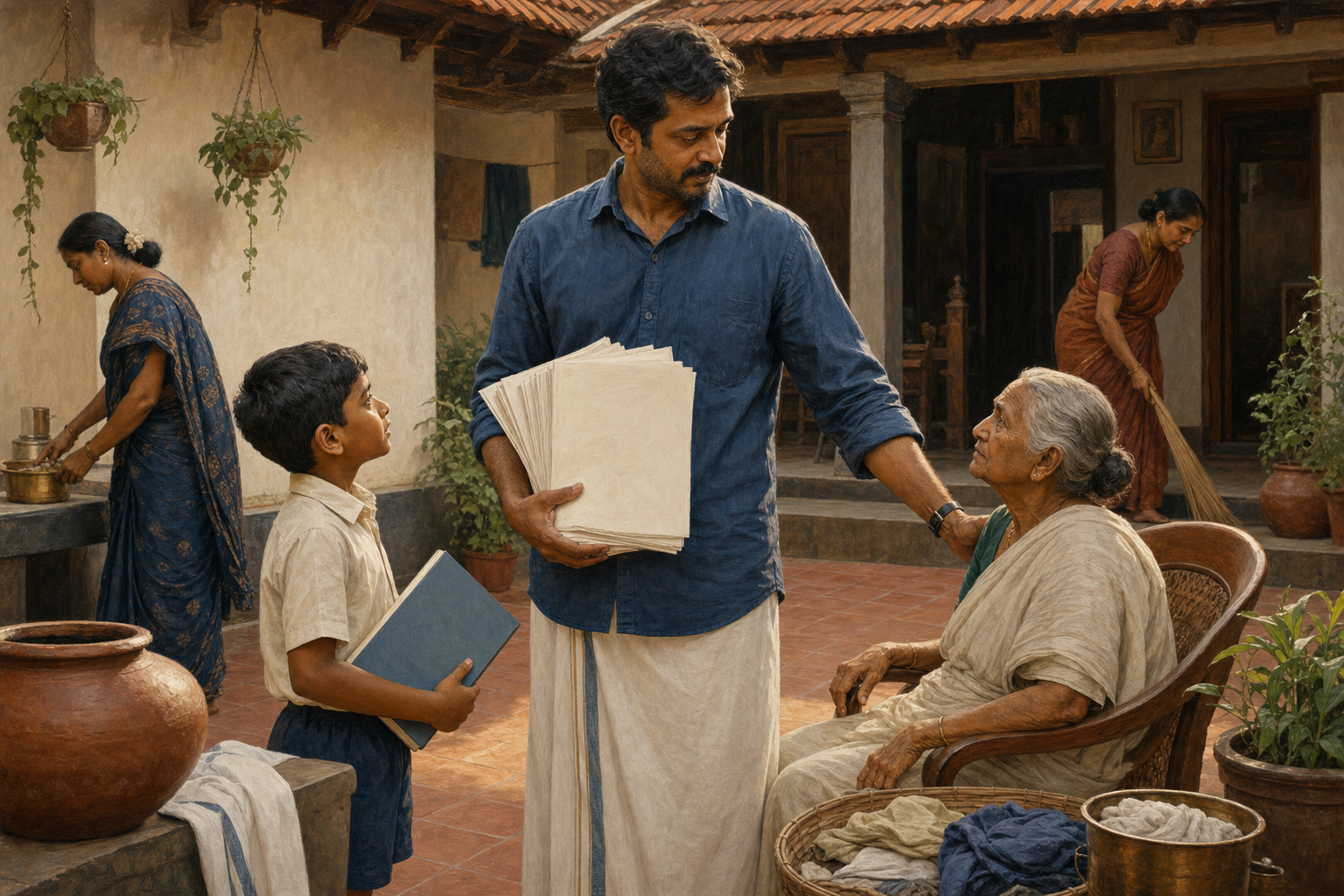 A calm schoolteacher attends to a child, an elderly relative and household responsibilities in a modest courtyard.