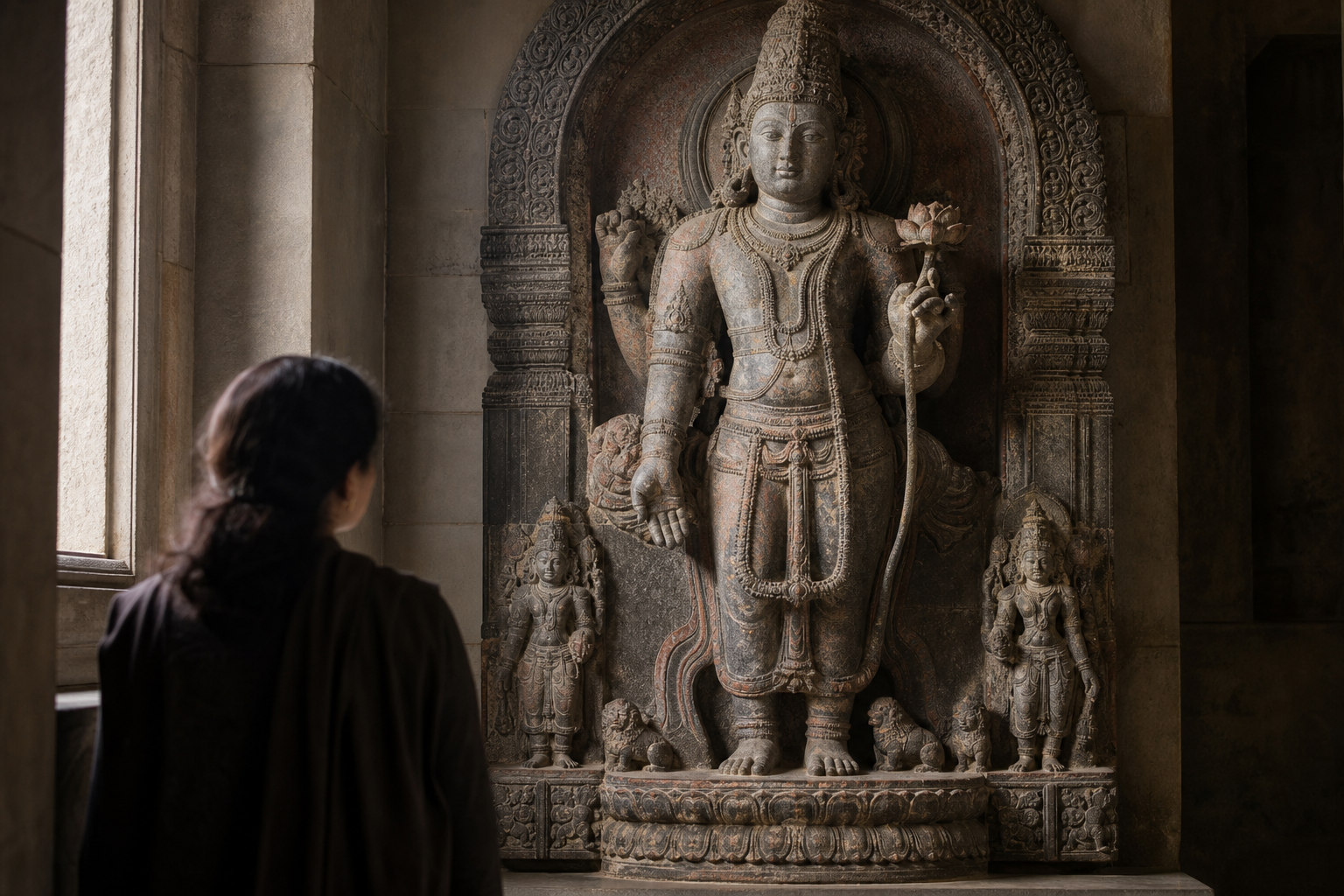 Visitor examining a stone Hindu murti with a lotus attribute, lotus pedestal, and surrounding carved details in a quiet gallery.