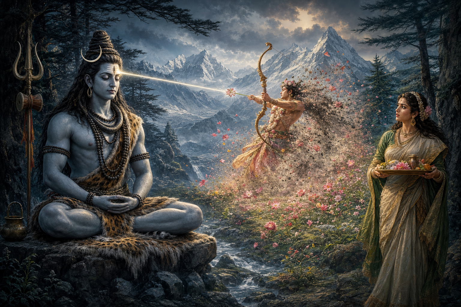 Shiva meditates in a Himalayan clearing as a flash from his third eye reduces the flower-armed Kama to ash while Parvati watches nearby.