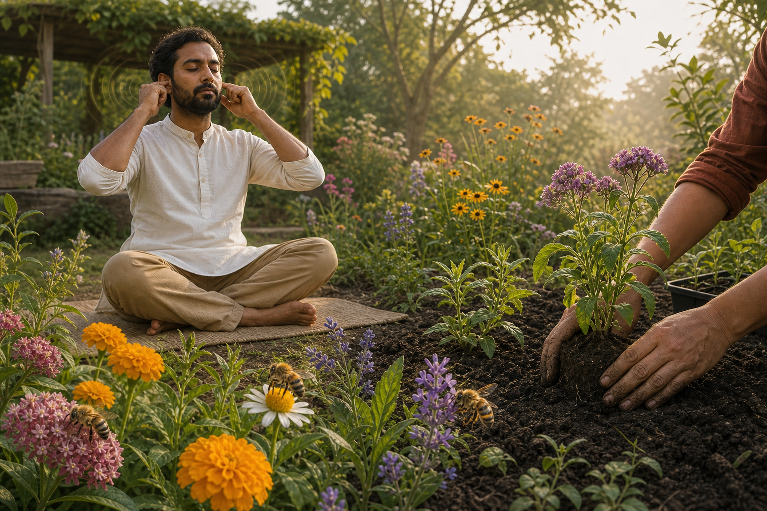A seated adult practices a humming breath beside a pollinator garden while hands plant flowering seedlings and bees forage among the blossoms.
