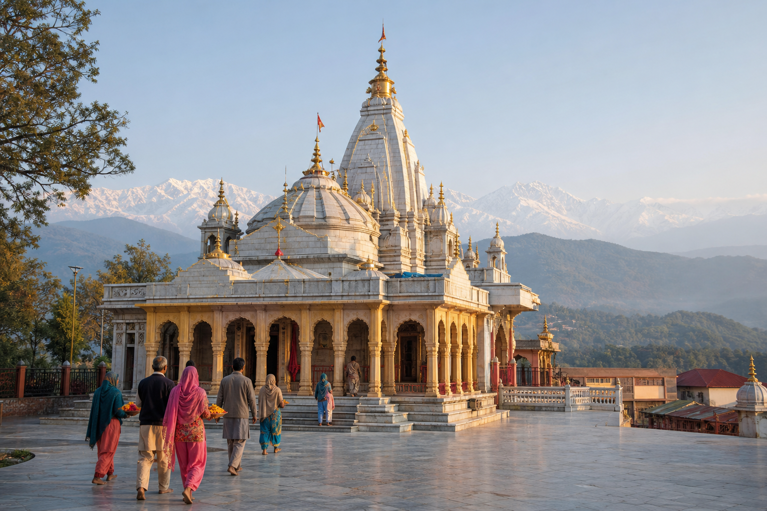 Nagarkot Mata Mandir in Kangra with pilgrims crossing its courtyard and the Dhauladhar hills in the distance.