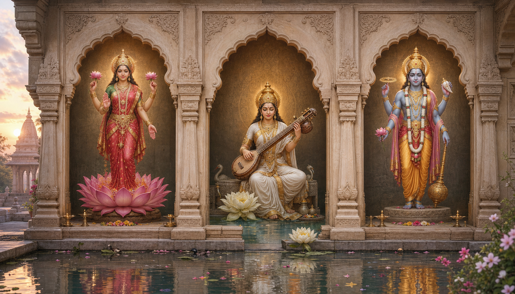 Temple niches containing Lakshmi with pink lotuses, Saraswati with a vina beside a pale lotus, and Vishnu holding a lotus.
