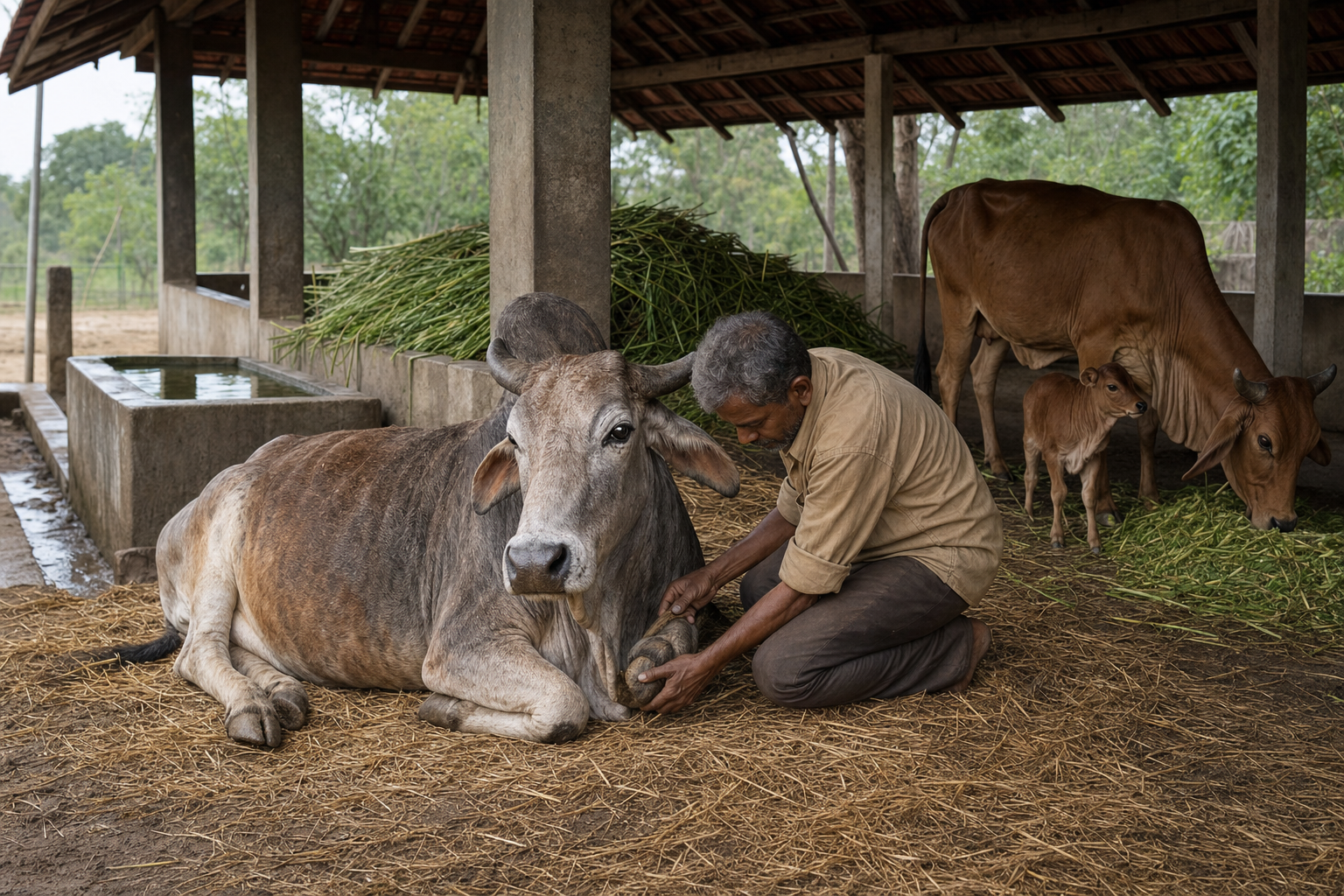 A caretaker examines the hoof of an elderly zebu cow resting in a clean shelter while a mature cow and calf remain nearby.