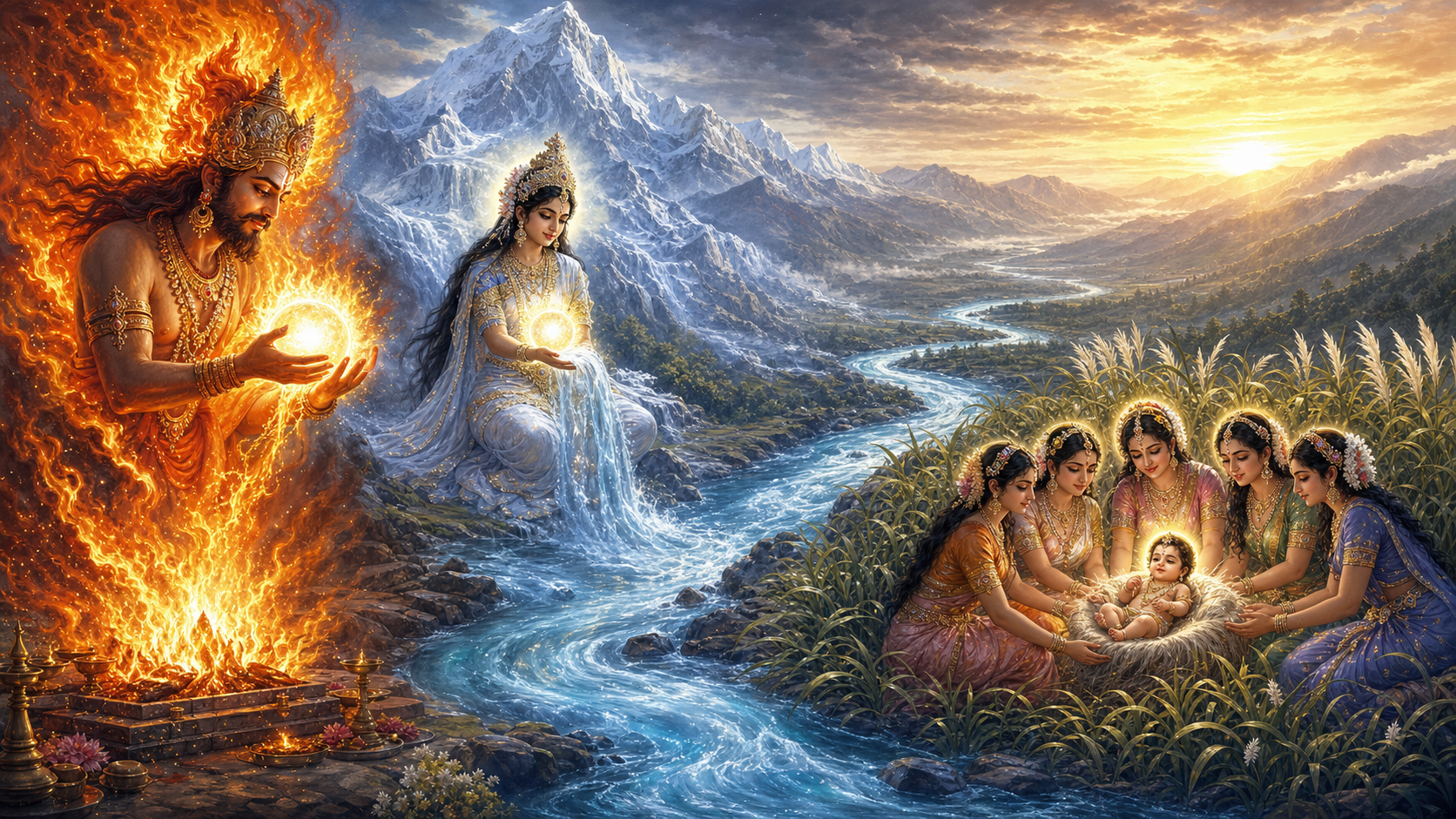 A panoramic scene follows a sphere of divine light from a fire deity into the river Ganga, then to a reed bed where six women receive the infant Skanda.