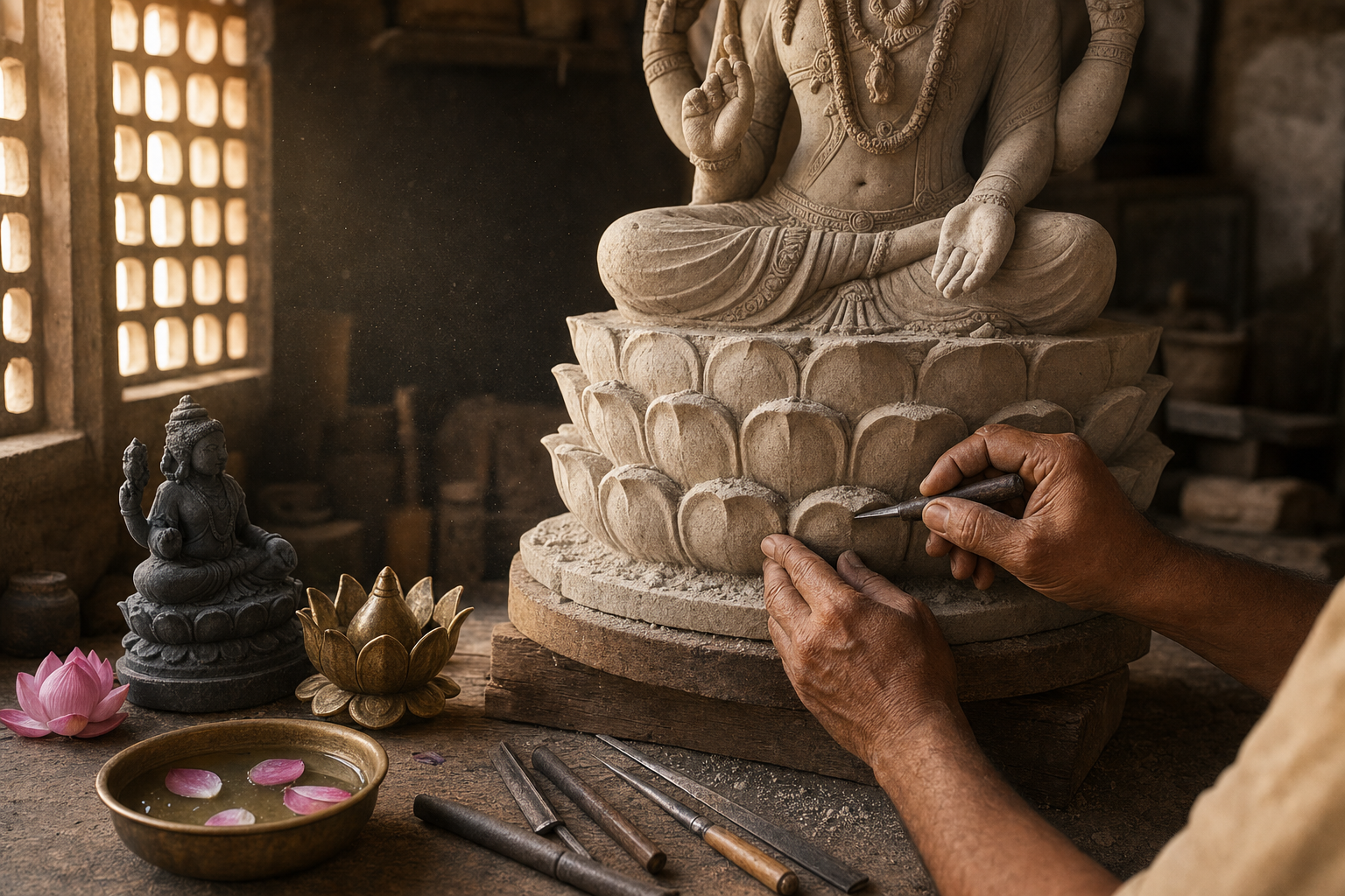 Artisan carving the petals of a stone lotus pedestal beside wax and bronze models in a traditional workshop.