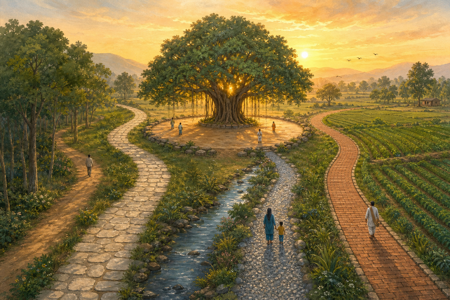 Four separate paths cross different landscapes and approach a shared circular clearing beneath a banyan tree at sunrise.