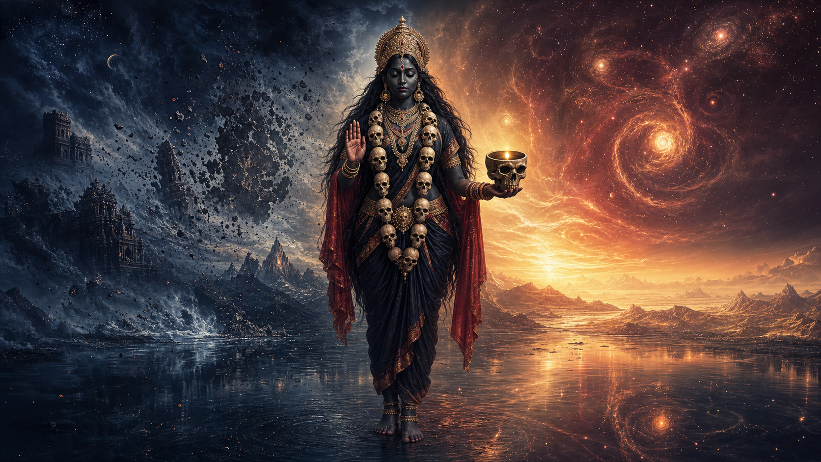 A skull-bearing Goddess stands above dark cosmic waters between a storm-dark dissolving universe and the golden beginnings of a new one.