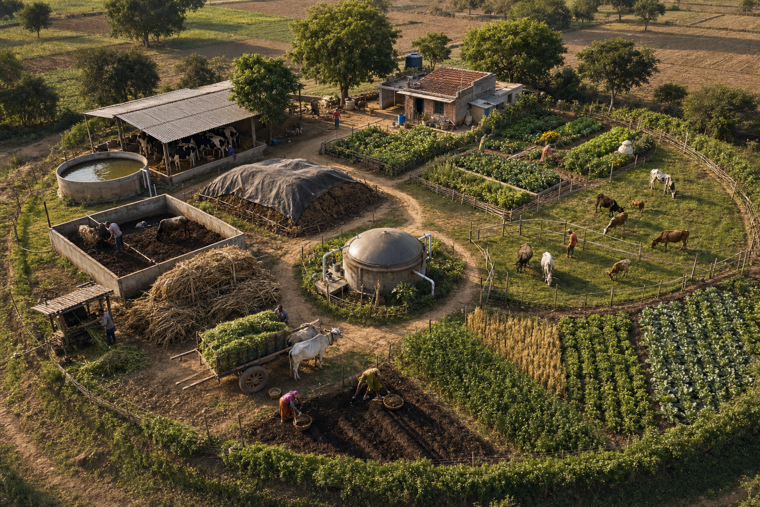 An elevated view shows a mixed farm linking a cowshed, water storage, compost, a biogas unit, fodder plots, grazing paddocks, food crops, and a kitchen garden.