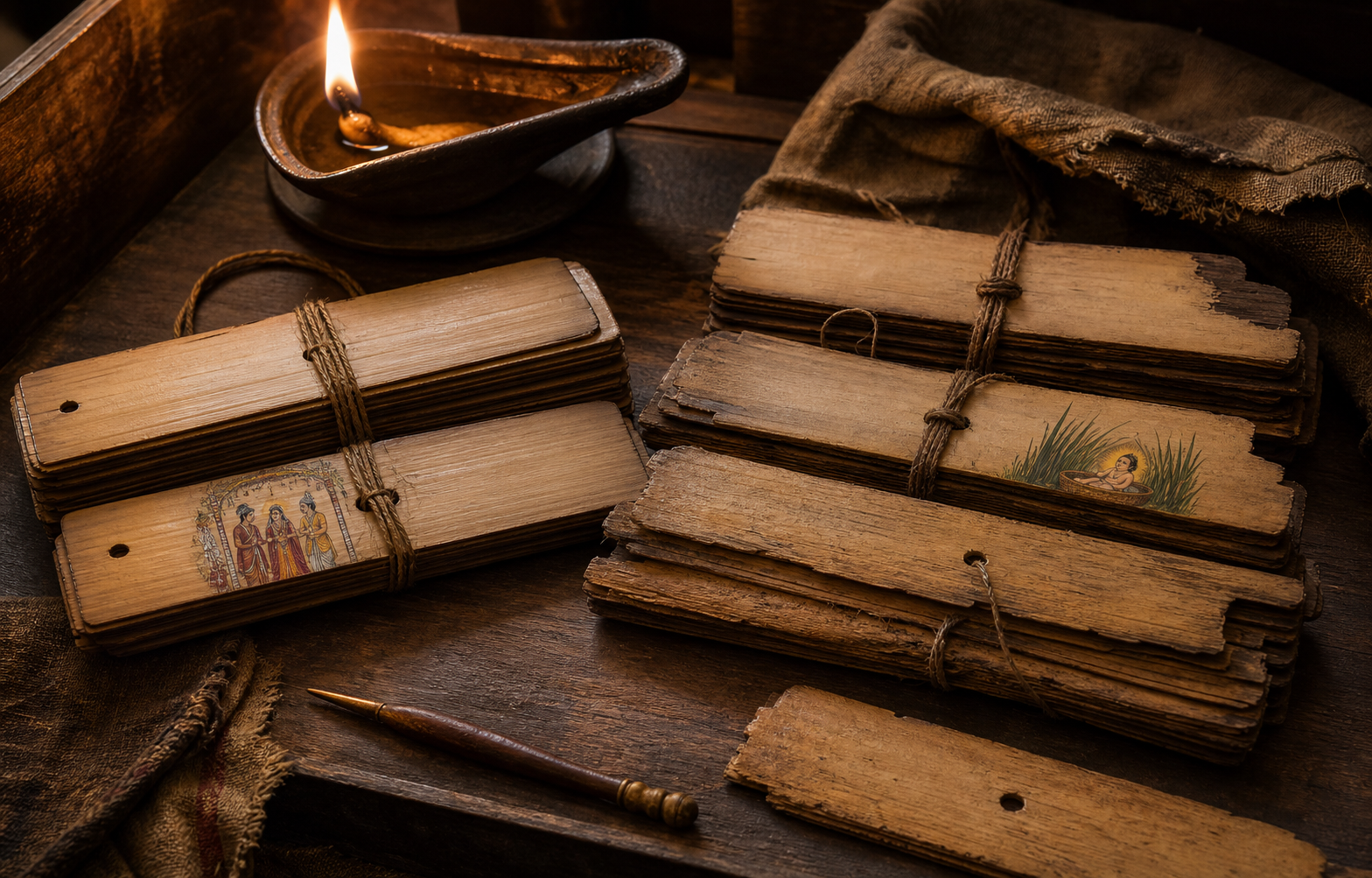 Two palm-leaf manuscript bundles of different age rest on a copying desk beside an oil lamp, a stylus, and small painted scenes of a wedding and a child among reeds.