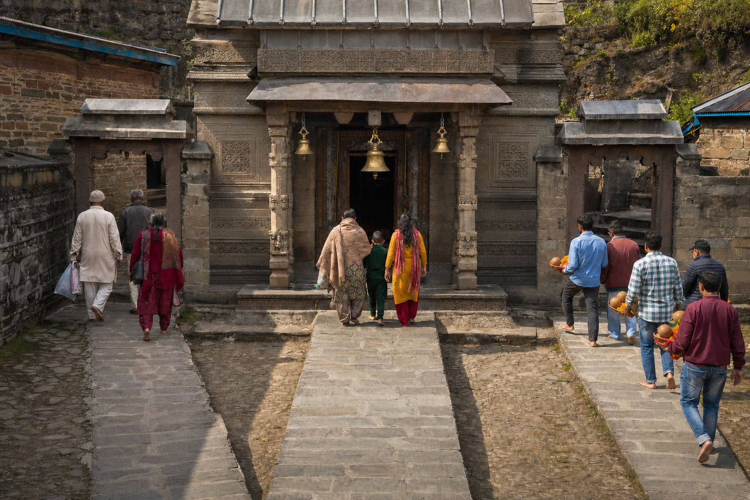 Three groups of pilgrims converging at one temple entrance with flowers and other offerings.
