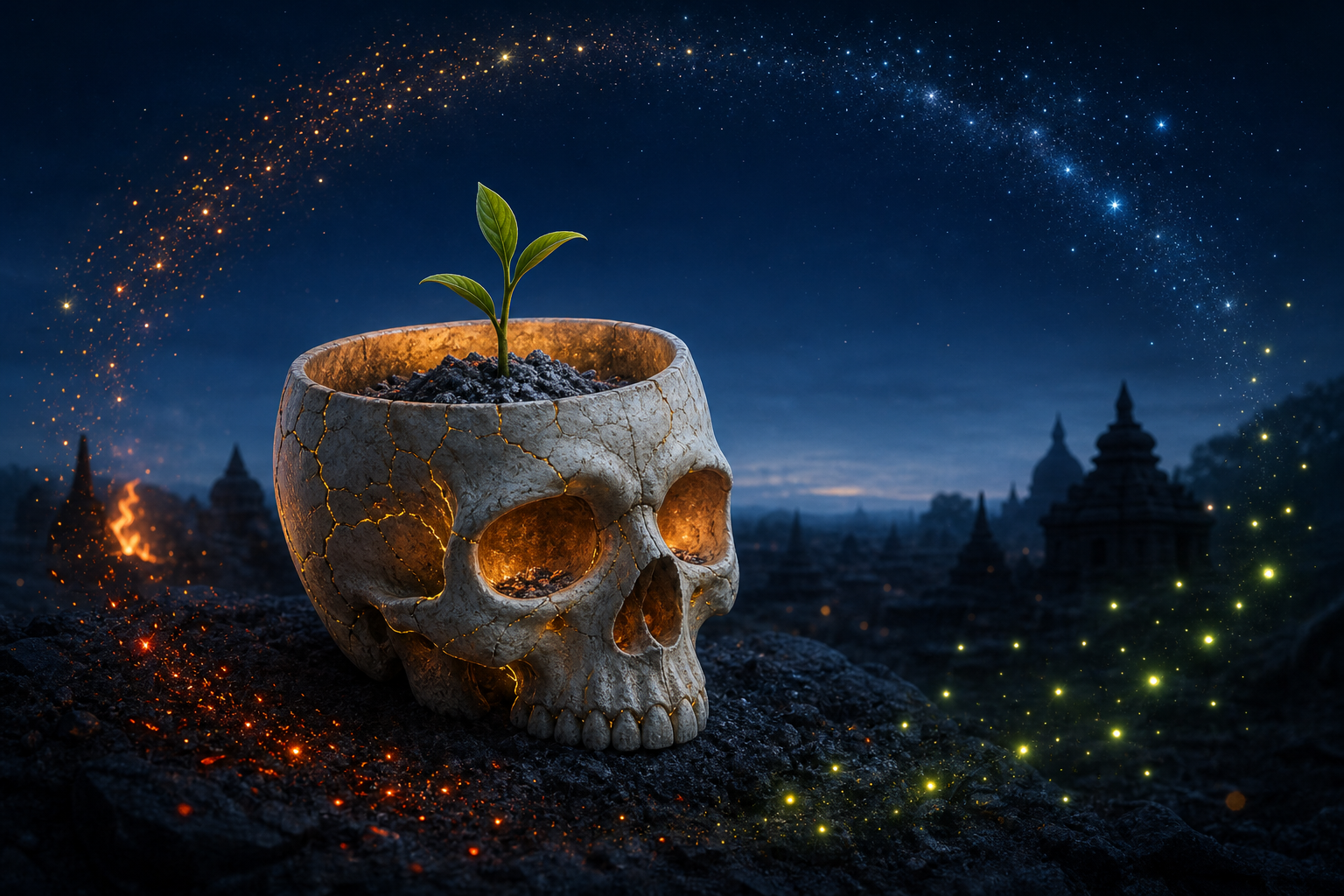 A pale skull vessel on a dark stone contains a green shoot, while embers around it appear to turn into fireflies and stars.