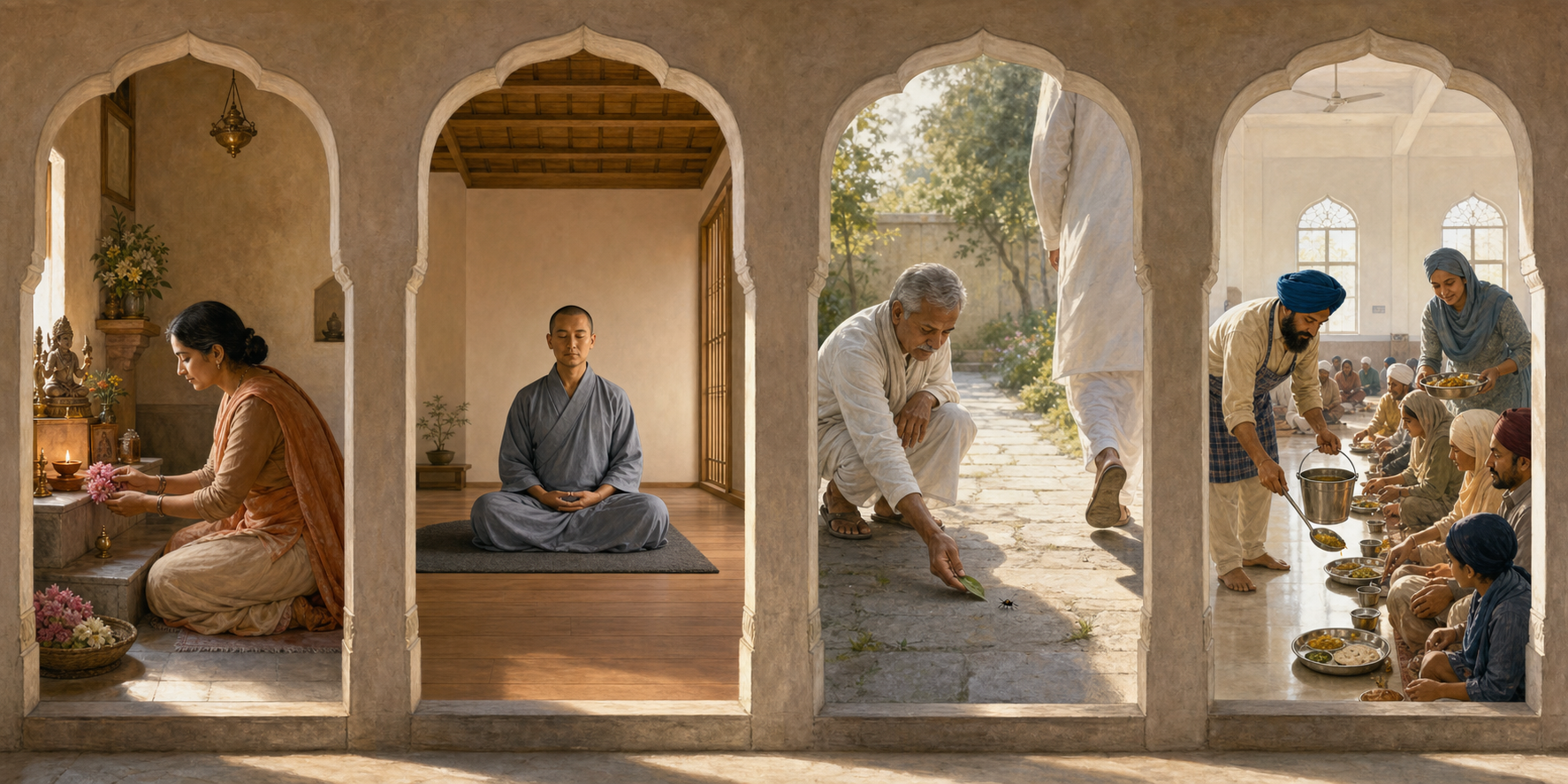 Four separate openings show a Hindu flower offering, Buddhist meditation, Jain care for a small insect, and Sikh volunteers serving a communal meal.