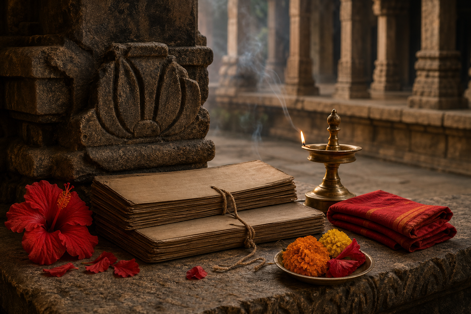 A blank manuscript bundle, weathered stone fragment, flowers, red cloth and an oil lamp arranged on a temple veranda.