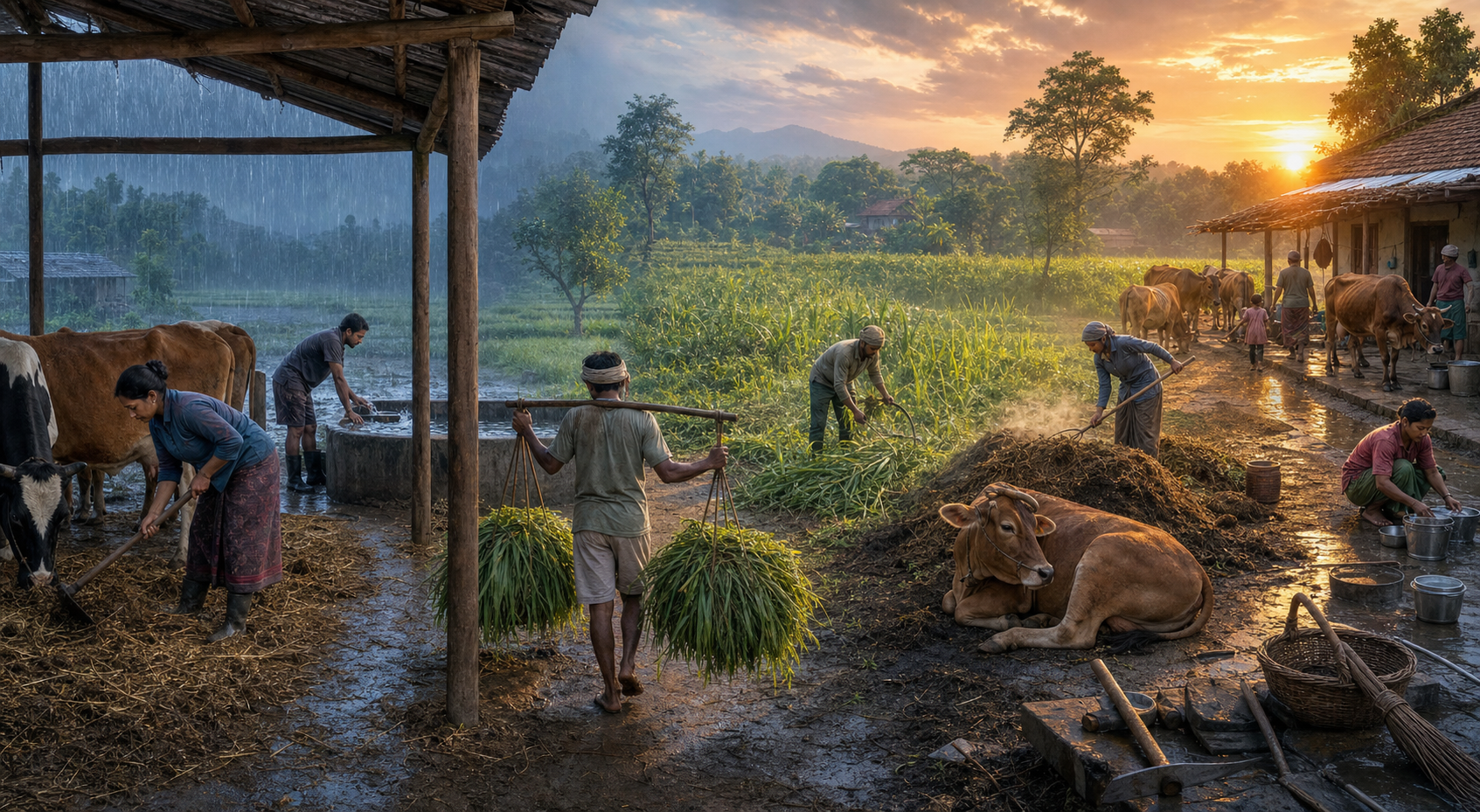 Farm workers clean a cowshed, carry fodder, check water, turn compost, and shelter cattle across dawn, daytime, rain, and dusk.
