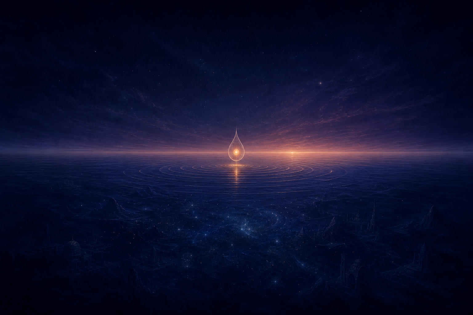 A small glowing seed floats above a dark primordial ocean, with faint forms beneath the water and warm light beginning at the horizon.