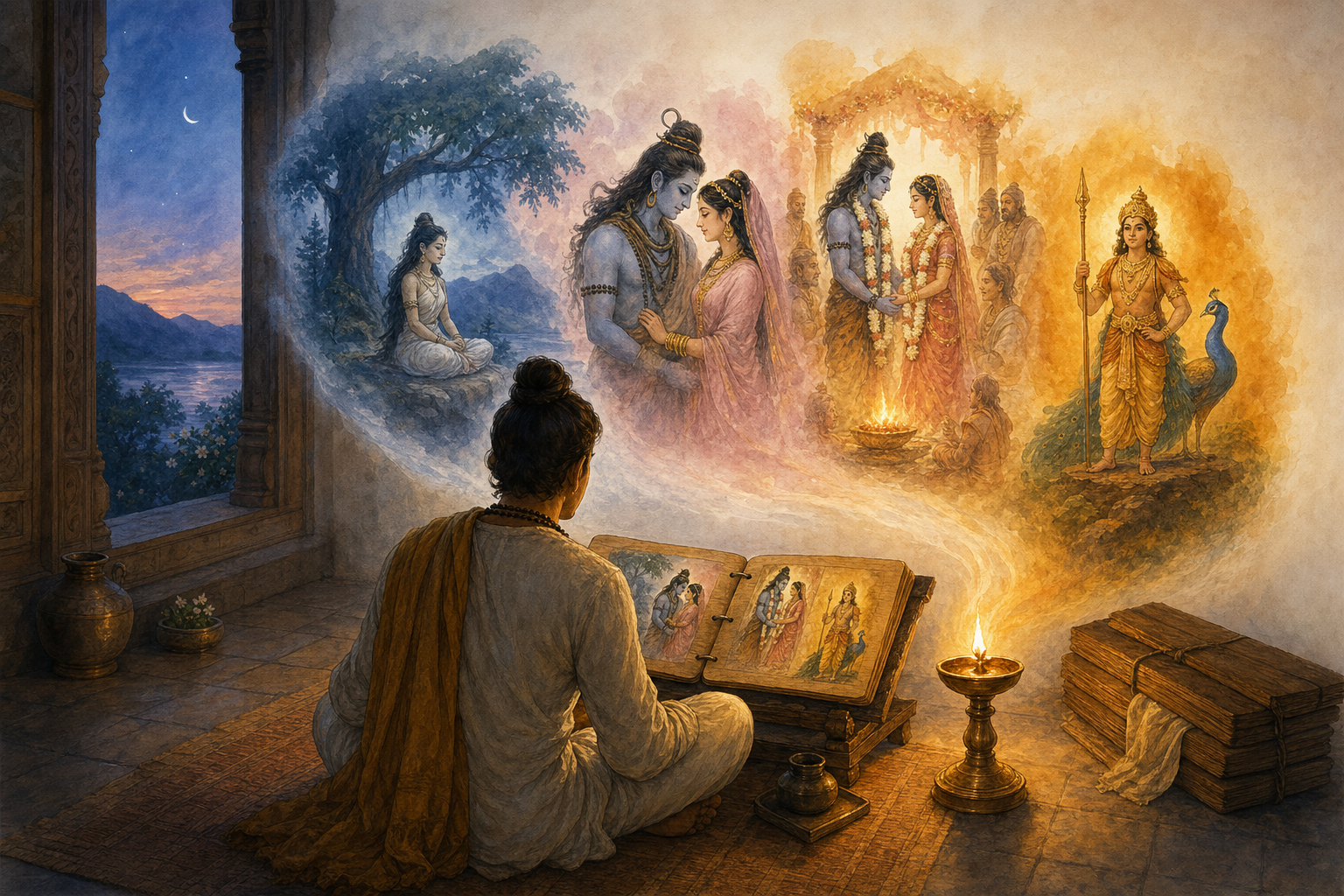 A reader studies illustrated palm-leaf folios by lamplight while visions of Parvati's austerity, a divine wedding, and Skanda with a spear appear above the pages.