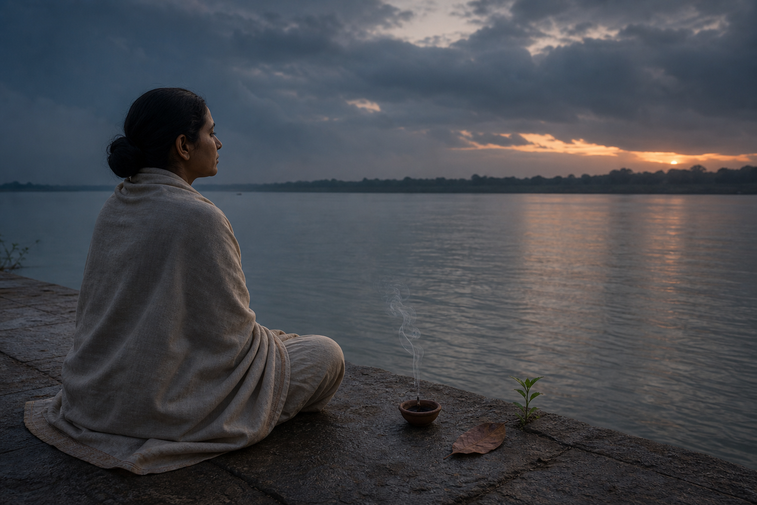 A woman meditates beside a river at dawn near an extinguished clay lamp, a dry leaf, and a small new sprout.