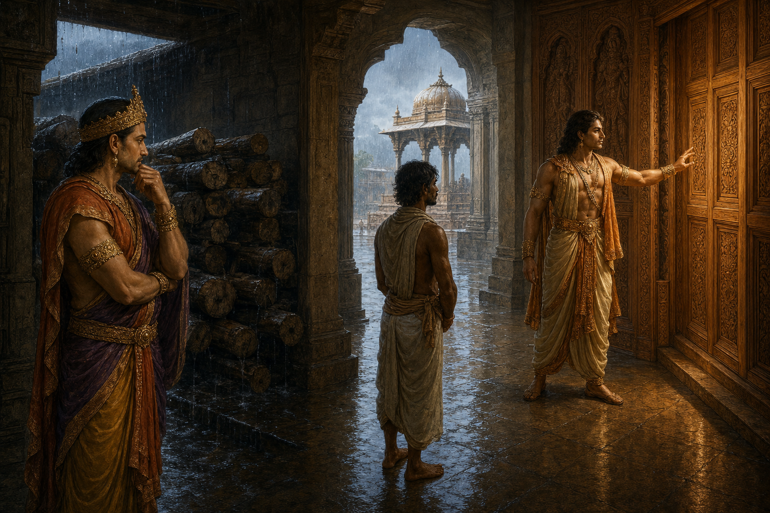 Two royal donors face a waiting recipient, with one examining wet wood and Karna recognizing dry sandalwood doors as available to give.